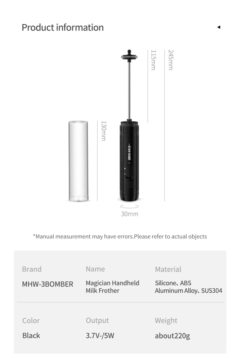 A handheld, black electric milk frother with a slim metallic wand, shown next to its clear protective cover.