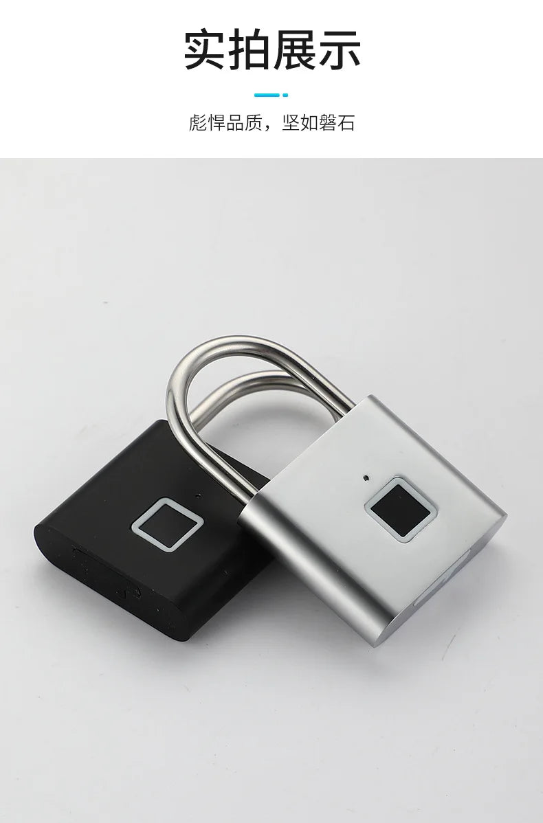 Black and silver metal fingerprint padlocks with steel shackles and integrated biometric sensors on white background.