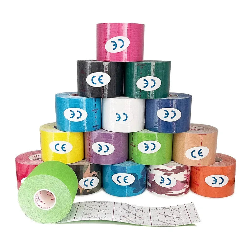 A pyramid stack of assorted multi-coloured rolls of kinesiology tape with white CE stickers on a white background.