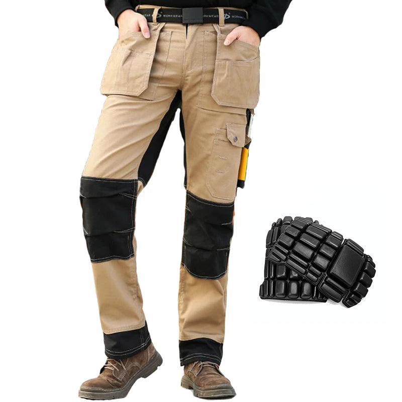 Men's beige and black cargo work trousers featuring multiple utility pockets, reinforced knee panels, and knee pads.