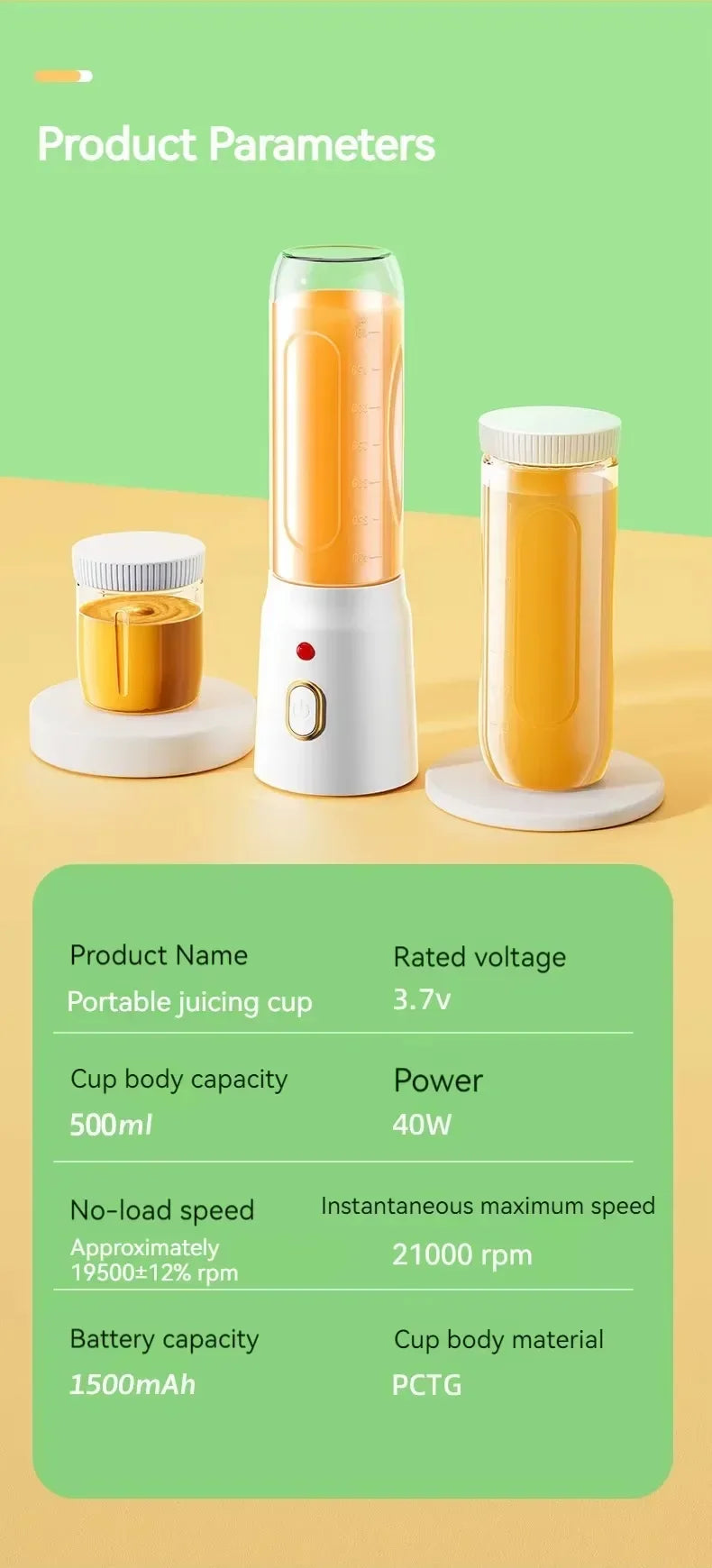 Portable white electric juicer blender with clear 500ml cups containing orange juice, presented with product specs.
