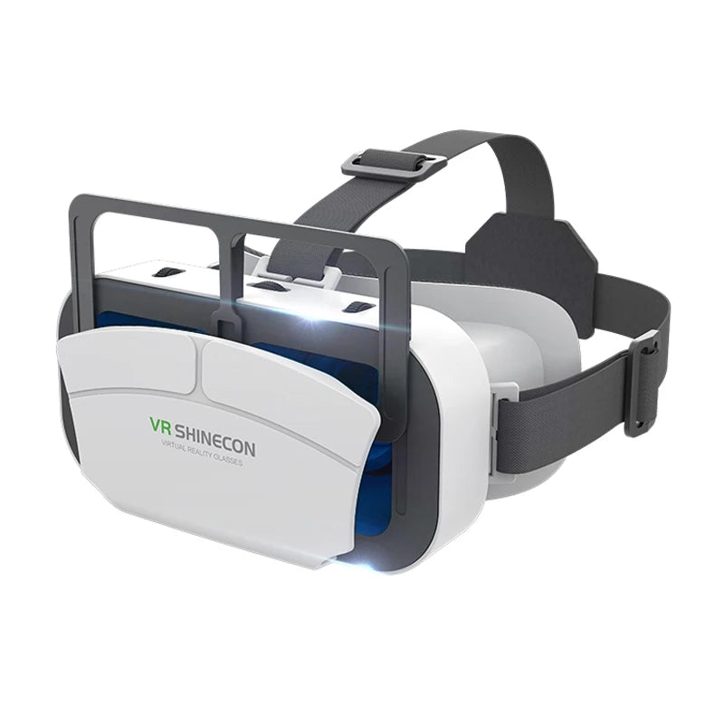 White and grey smartphone VR headset with adjustable head straps and a protective front cover.