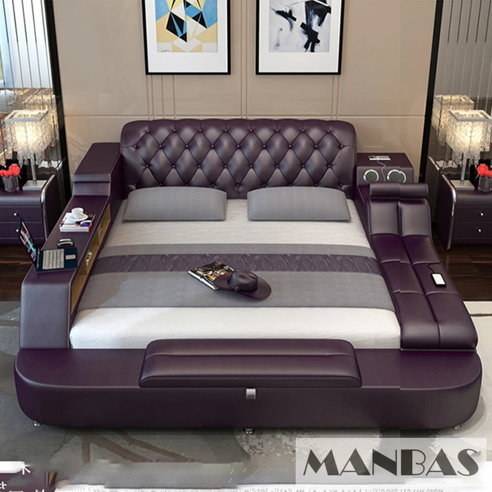 Luxury purple upholstered platform bed with tufted headboard, integrated speakers, shelving, and built-in lighting.