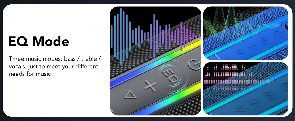 Blue waterproof speaker with LED light strips and control buttons for bass, treble, and vocal EQ modes.