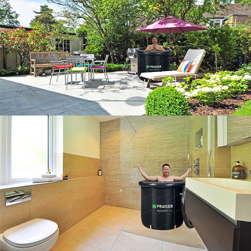 Two-panel image showing a man in a black 'PRAISER RECOVERY TUB' in a backyard and a tiled bathroom.