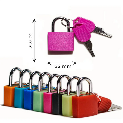 Small colorful metal padlocks with keys, 22mm wide by 33mm high, shown in a variety of solid colors.
