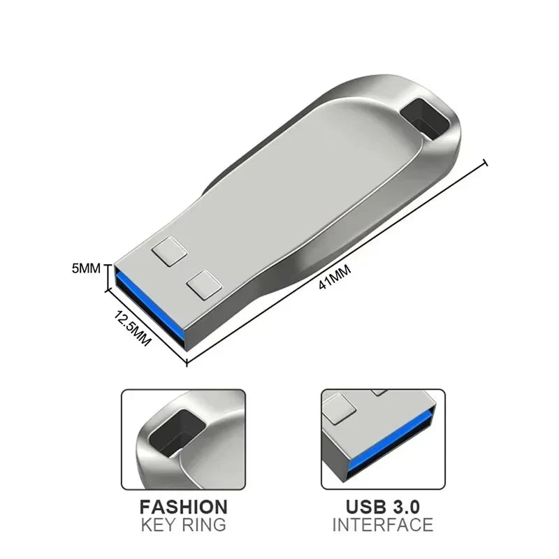 Sleek, silver metallic 2TB USB 3.0 flash drive with a built-in key ring loop and dimensions shown.