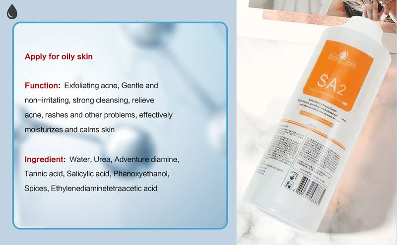 Exfoliating acne treatment for oily skin in a white 400ml bottle with an orange label. Calms, cleanses, and moisturises.