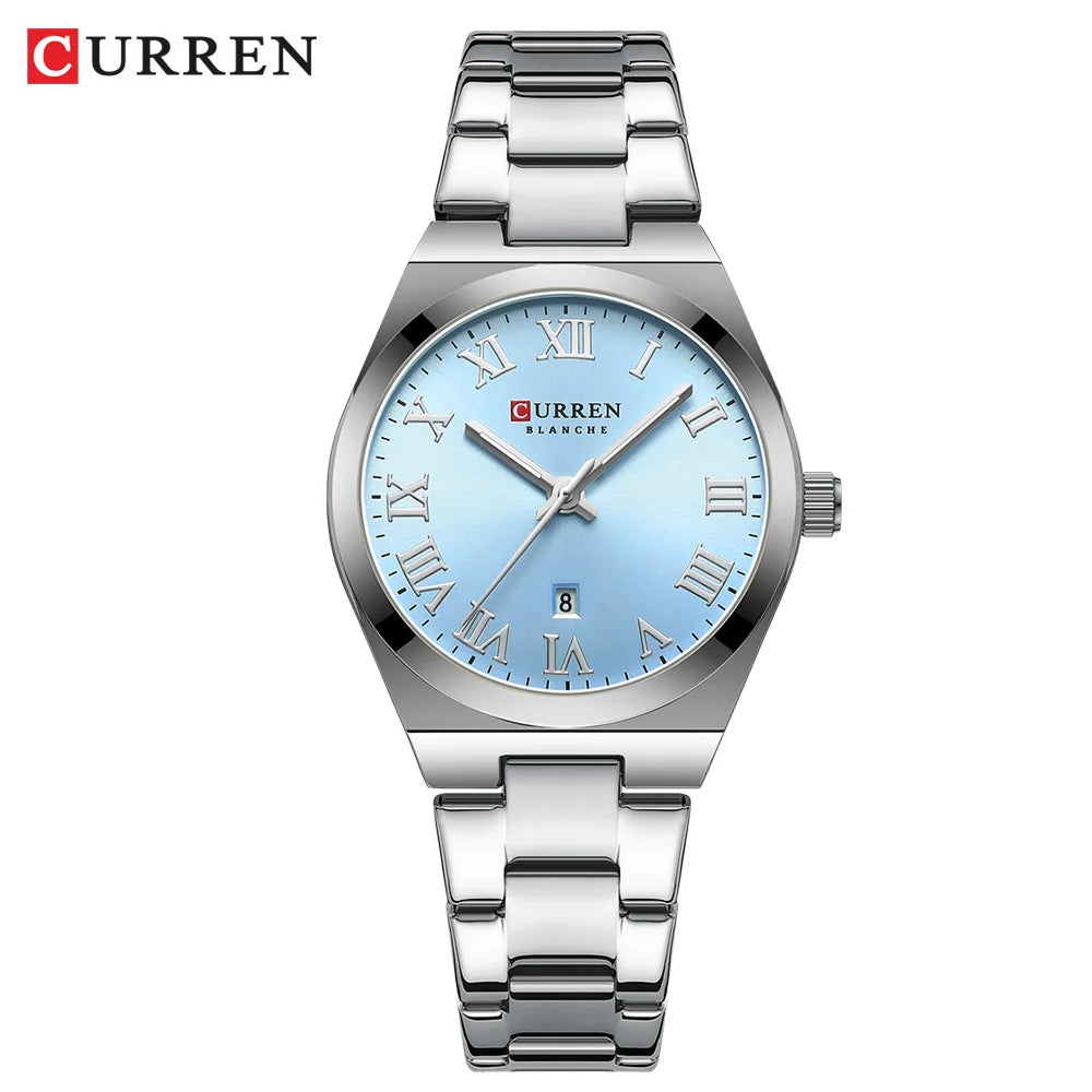 CURREN women's silver stainless steel watch with a round light-blue dial, Roman numerals, and date window.