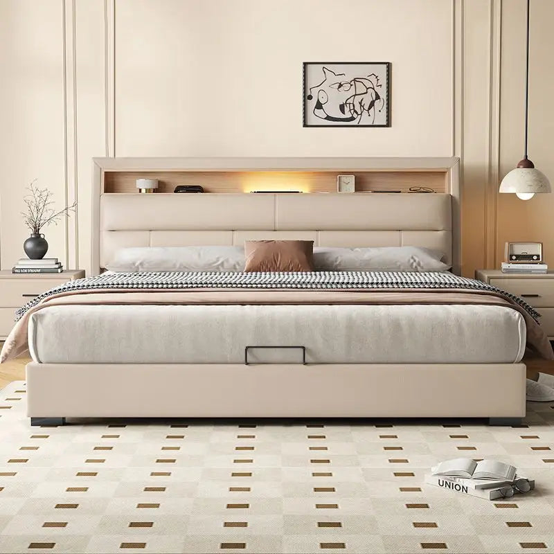Cream-coloured luxury leather bed frame with integrated storage headboard, ambient lighting, and under-bed storage.