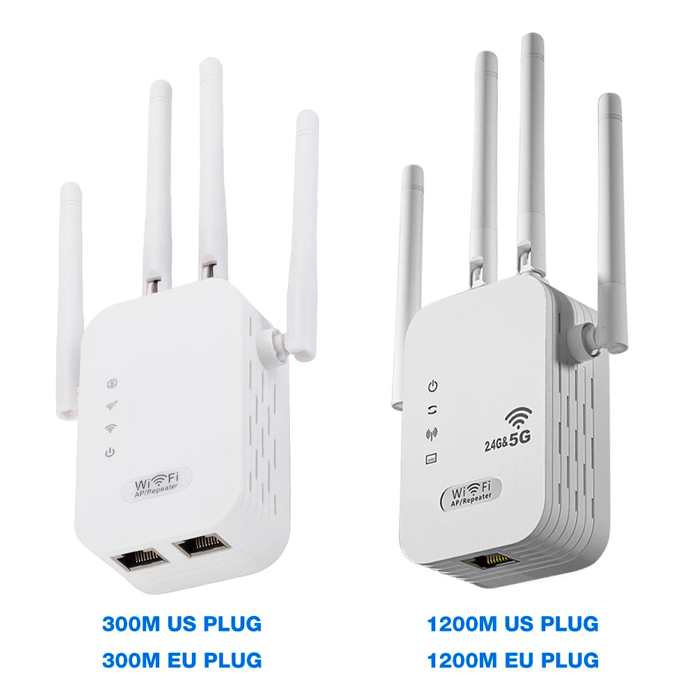 Two white dual-band WiFi repeaters, each featuring four external antennas and indicator lights.