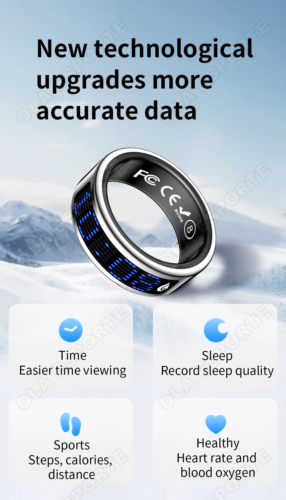 Sleek silver smart fitness ring with a black interior and digital display, tracking sleep, heart rate, and activity.