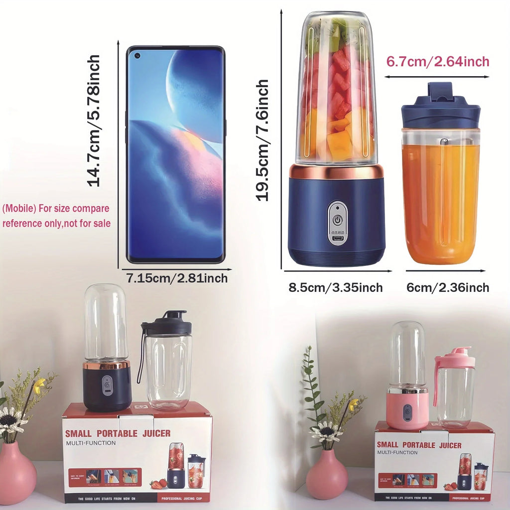 Portable personal blender in navy or pink, featuring a compact, cylindrical design with clear cups and measurement labels.