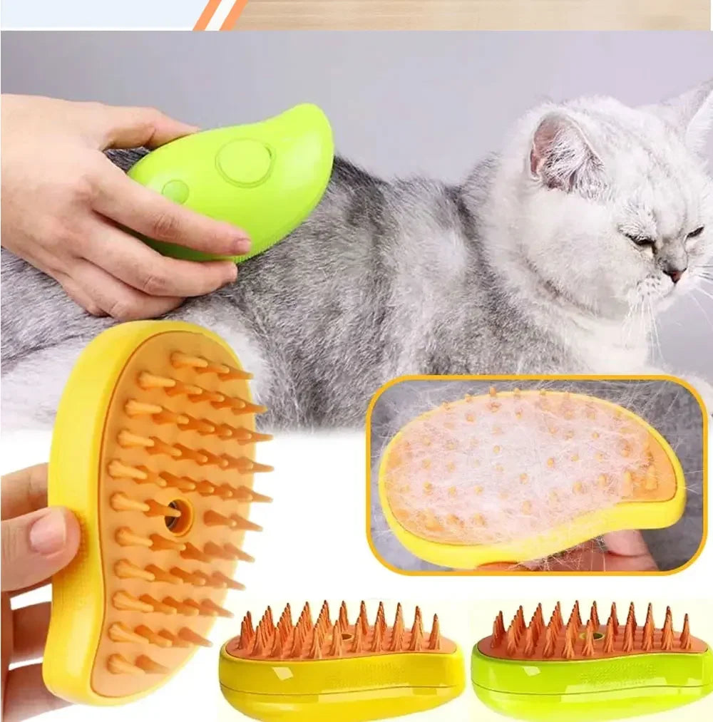 Green and yellow electric pet grooming brush with silicone bristles, being used on a cat to remove loose fur.