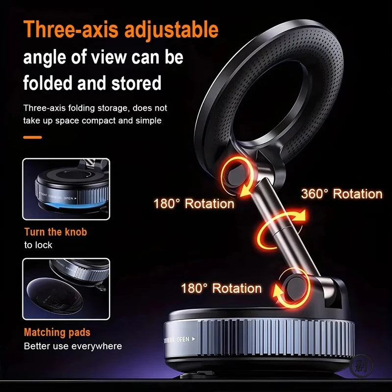 A black, three-axis adjustable phone stand with a folding design, circular head, and locking knob base.