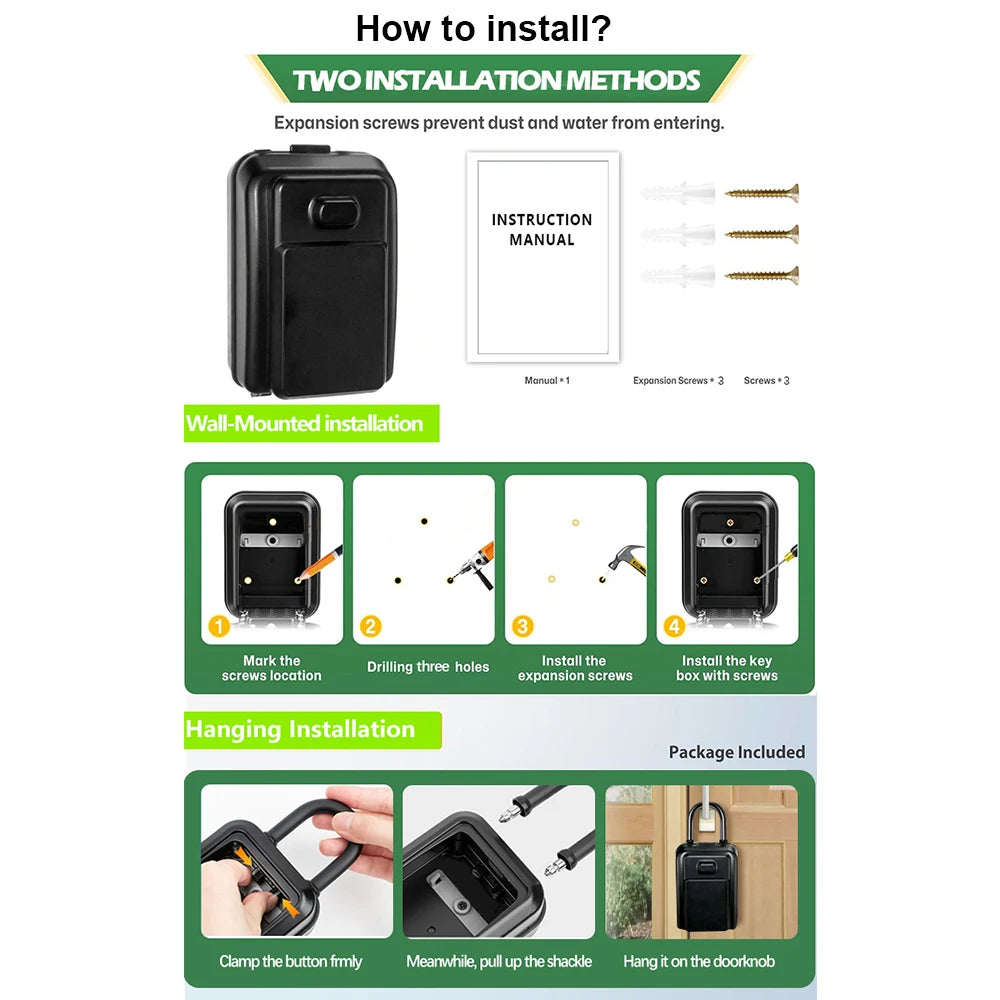 Black metal key lock box with two installation options: wall-mount hardware or a removable top shackle for hanging.