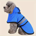 A fluffy dog wearing a bright blue, waterproof dog raincoat with a hood, black trim and a reflective safety stripe.