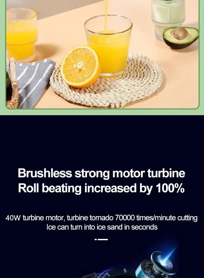 A powerful ice-crushing blender pouring orange juice on a tabletop next to fruit and glassware.