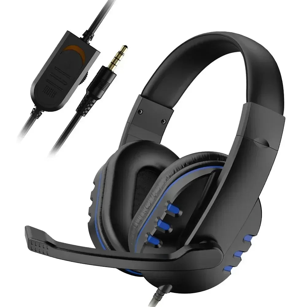 Black wired gaming headset with blue accents, over-ear cushioned cups, adjustable microphone, and inline volume control.