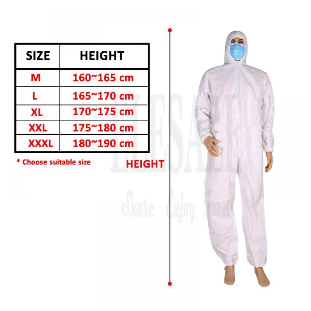 White hooded protective coverall with zipper, shown on a mannequin with a size guide chart for height reference.