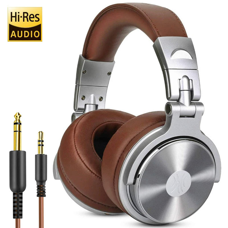 Professional wired studio over-ear headphones in silver and brown with two audio jacks and Hi-Res Audio certification.