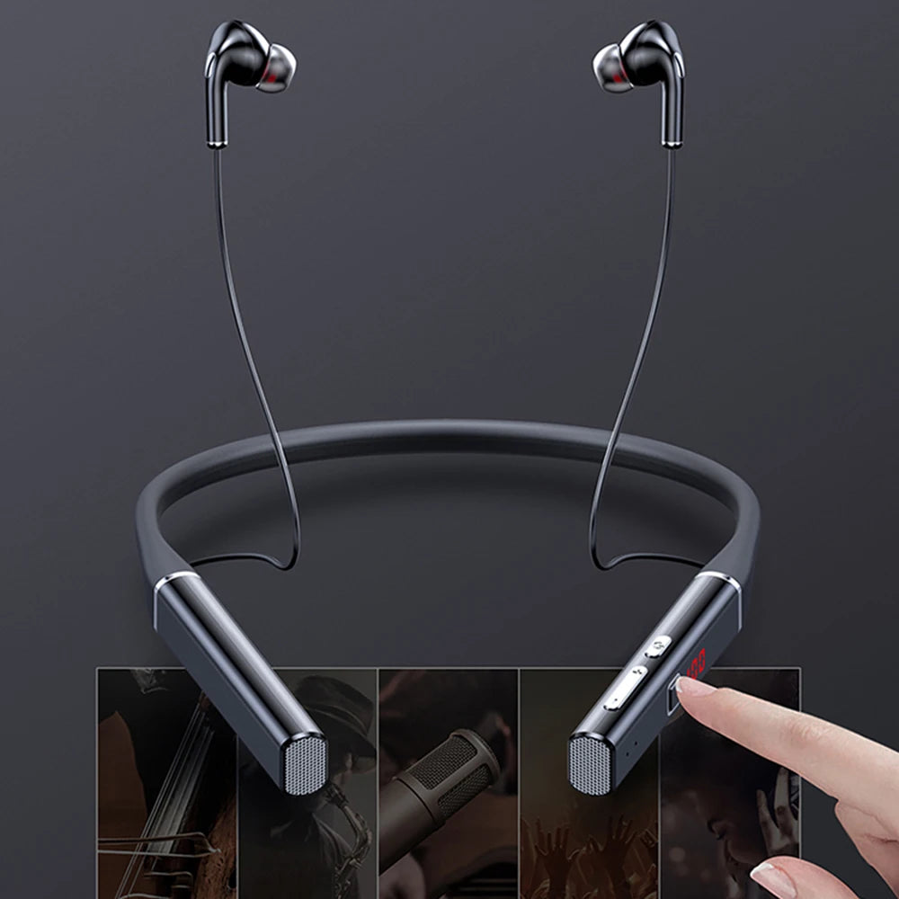 Black wireless neckband headphones with magnetic earbuds, integrated controls and a digital battery display.