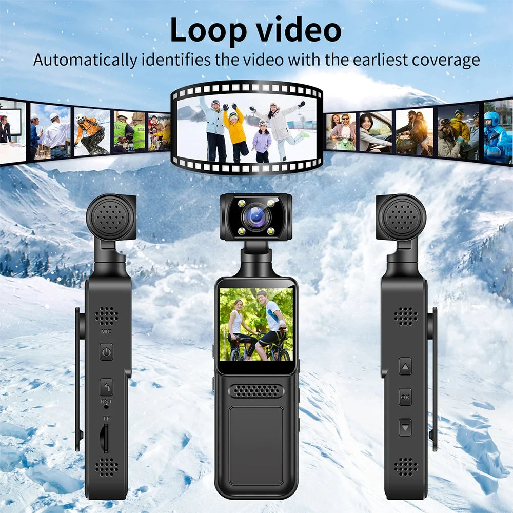 Black plastic body camera with a rotating lens, integrated screen, microphone, buttons, and loop recording feature.