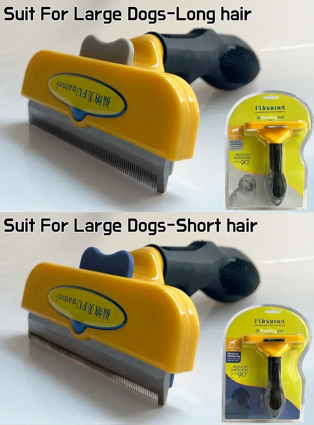 Yellow and black de-shedding tools for large dogs, shown in their retail packaging with metal comb blades.