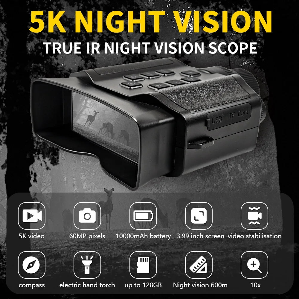 Black plastic handheld night vision scope with buttons, 3.99-inch screen, 60MP camera, and 10000mAh battery.