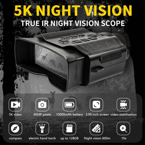 Black plastic handheld night vision scope with buttons, 3.99-inch screen, 60MP camera, and 10000mAh battery.
