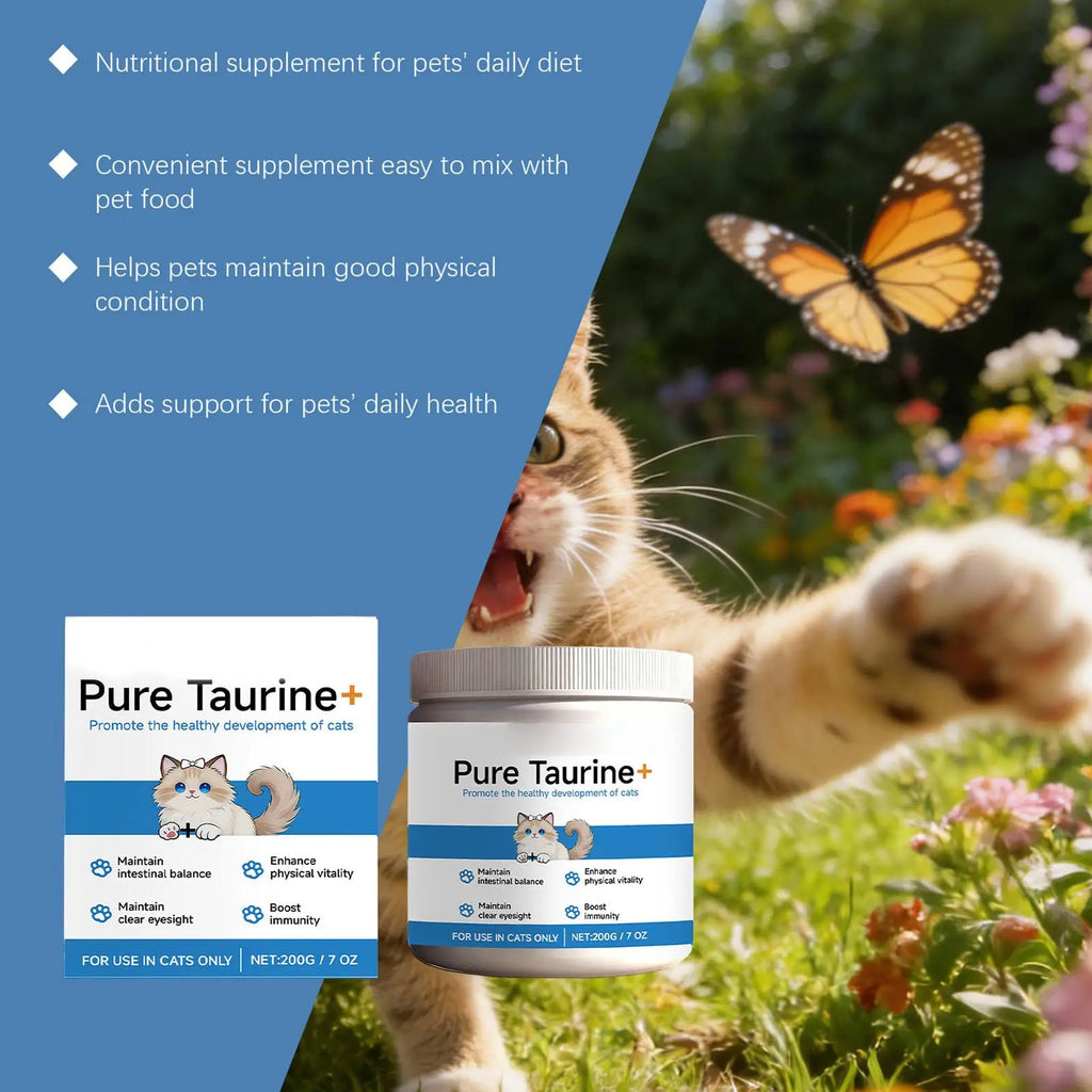 White tub of Taurine cat health supplement powder in a garden setting with a cat and butterfly.