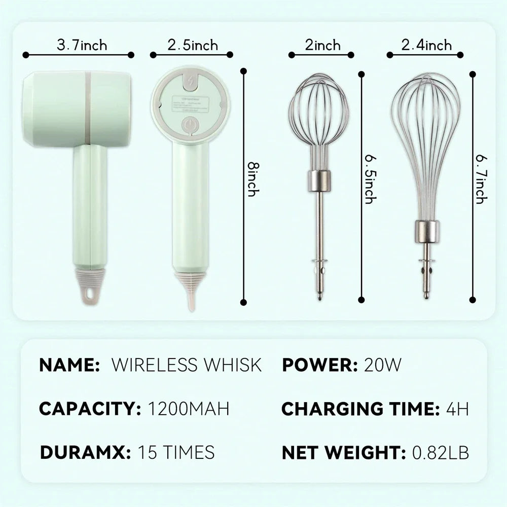 Pale green wireless electric hand whisk with two metal whisk attachments and labeled dimensions.