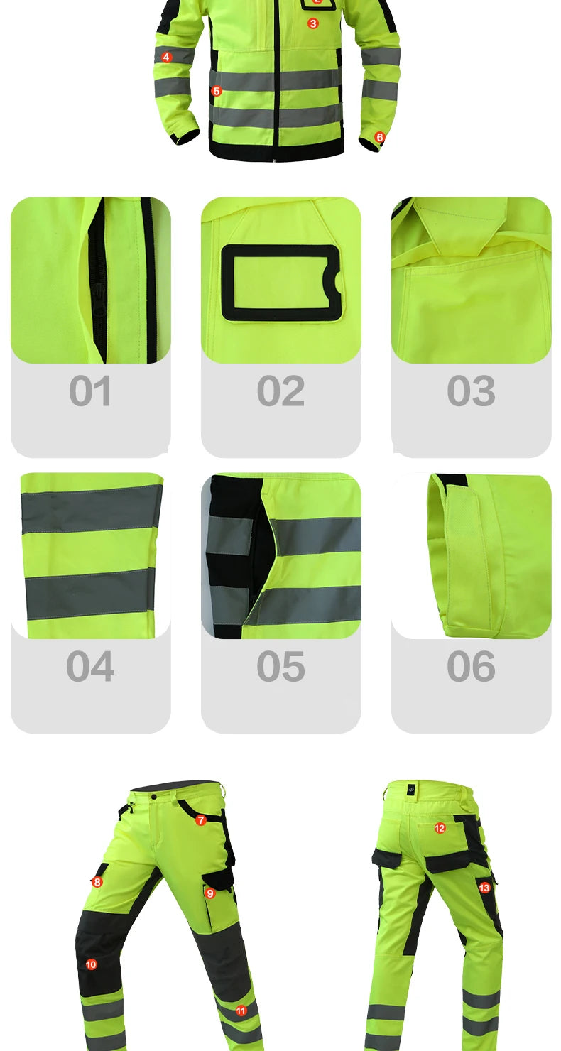 High-visibility neon yellow work jacket and pants with reflective strips, multiple pockets, and numbered feature labels.