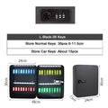 Black metal 36-key storage cabinet with a combination lock, numbered hooks, and color-coded key tags.