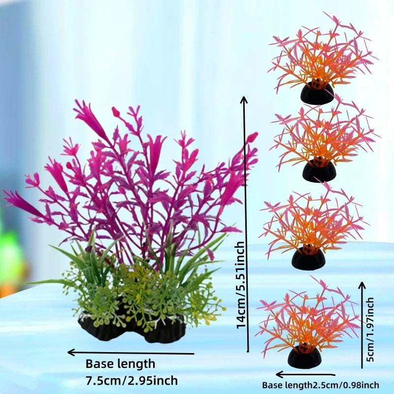 Five artificial aquarium plants with vibrant purple and orange foliage, featuring small black weighted bases.