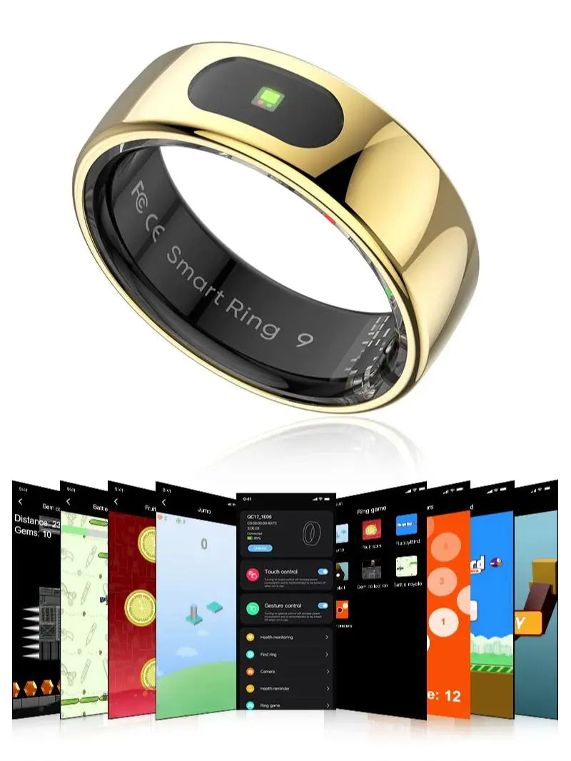 Polished gold smart health tracker ring with internal display, shown with various app interface screens below.