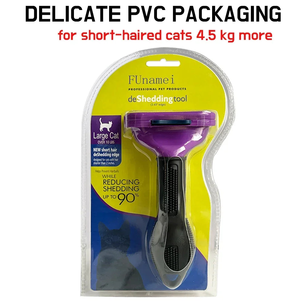 Purple and black de-shedding tool for large short-haired cats, in branded retail packaging.
