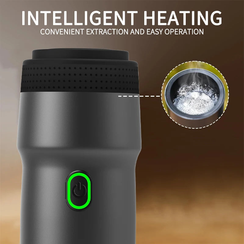 Gray portable coffee maker with a green power button, and inset showing boiling water.
