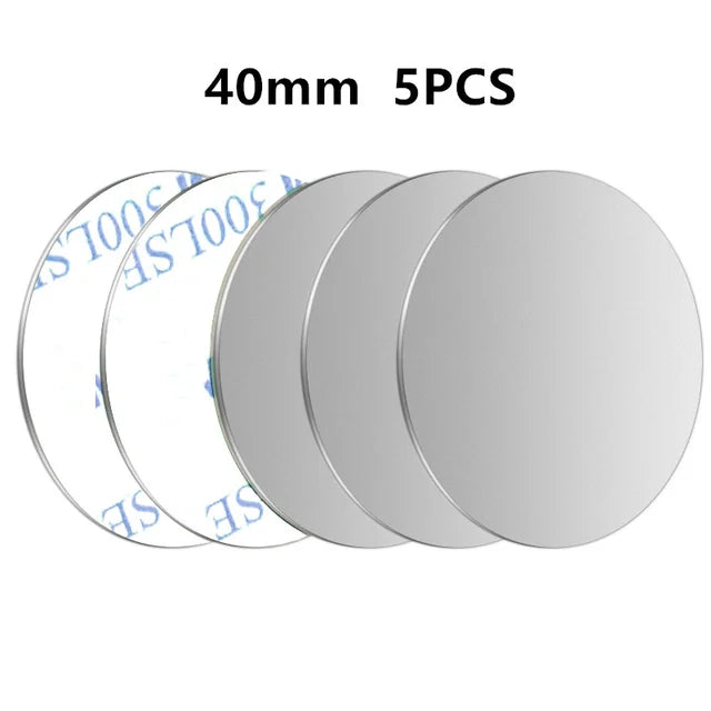 Five 40mm round, silver-toned metal adhesive discs with white peel-off backing.