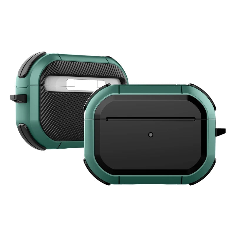 Rugged forest green and black protective case for Apple AirPods Pro, featuring a durable, textured shockproof design.