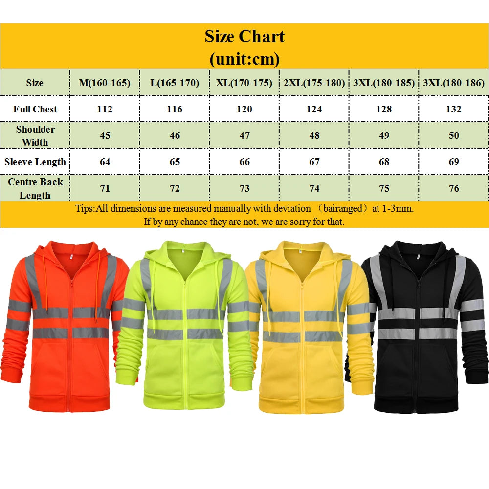 High-visibility thermal hoodies in orange, lime, yellow, and black, featuring reflective safety stripes and zip-up front.