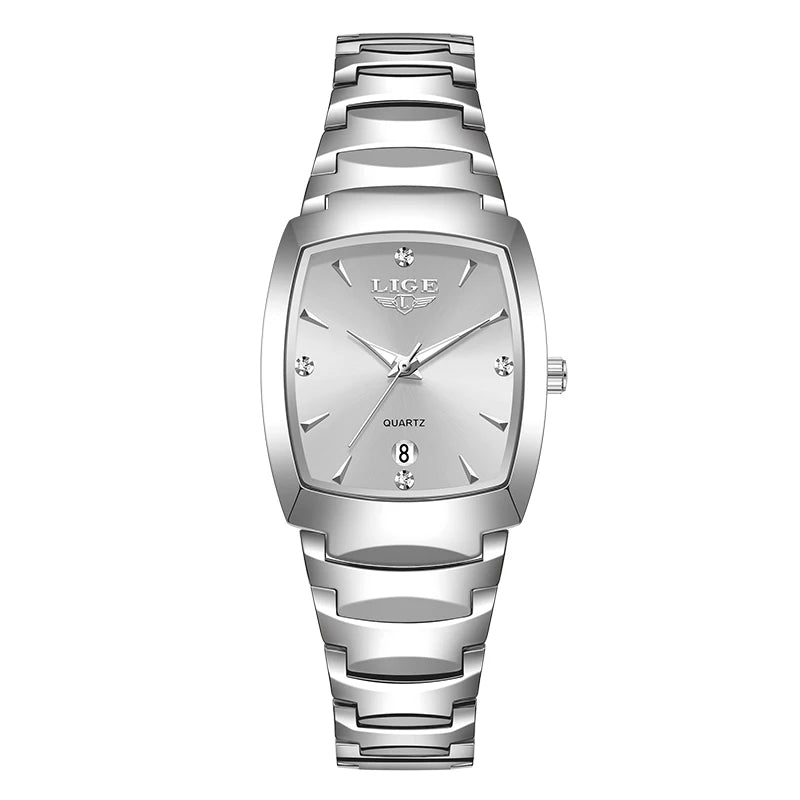 Ladies' silver stainless steel quartz watch with a tonneau-shaped face, diamond accents and a date display.