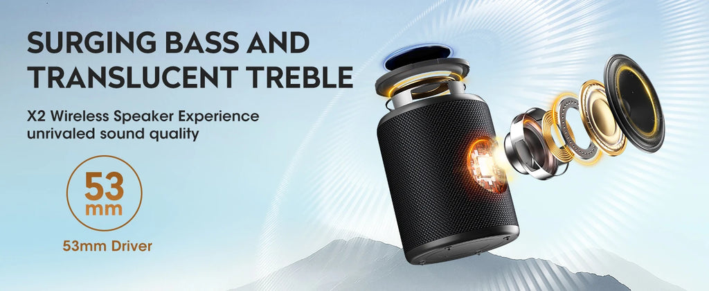 Black portable 15W Bluetooth speaker with an exploded view of internal 53mm drivers showing high-quality stereo sound.