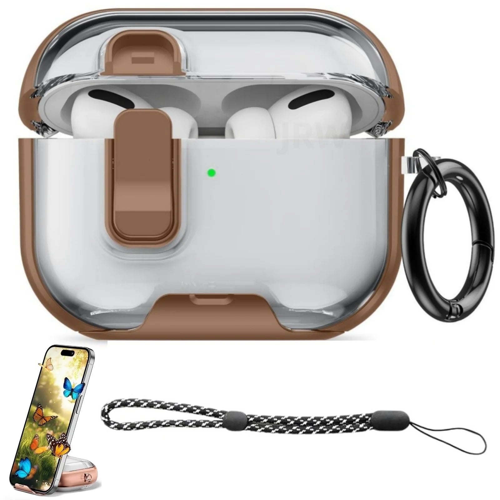Clear and brown protective case for AirPods Pro with locking clip, carabiner and lanyard.