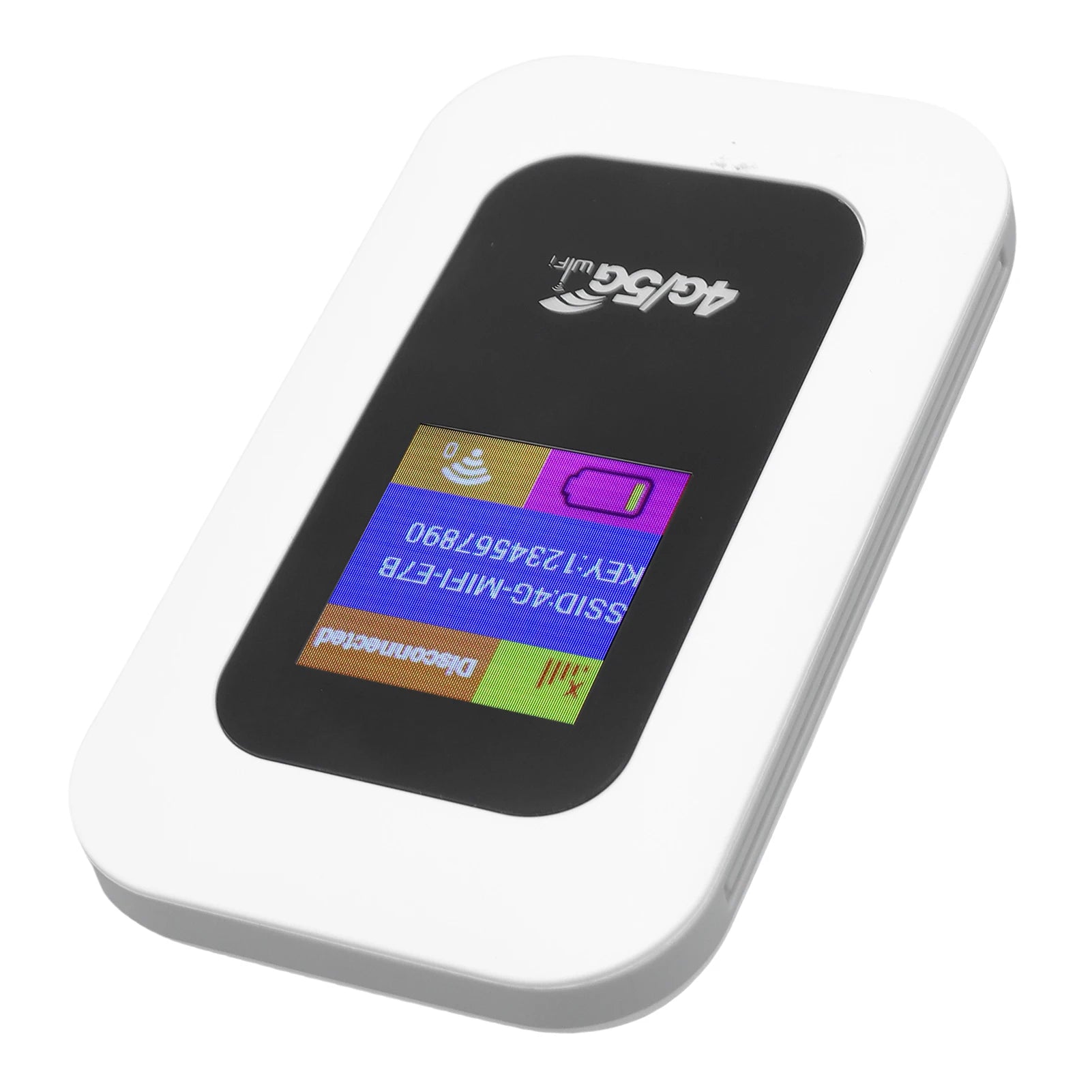 Compact white and black portable 4G/5G WiFi hotspot device with a digital colour screen displaying connection status.