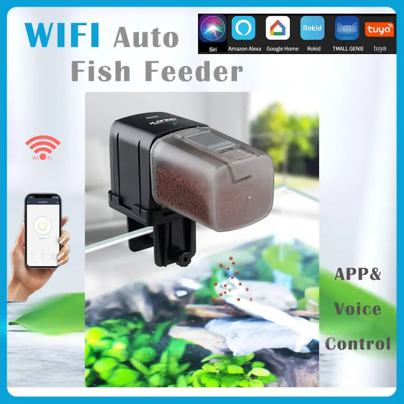Black smart auto fish feeder with a translucent food container, designed for aquarium rim mounting, app-controlled.
