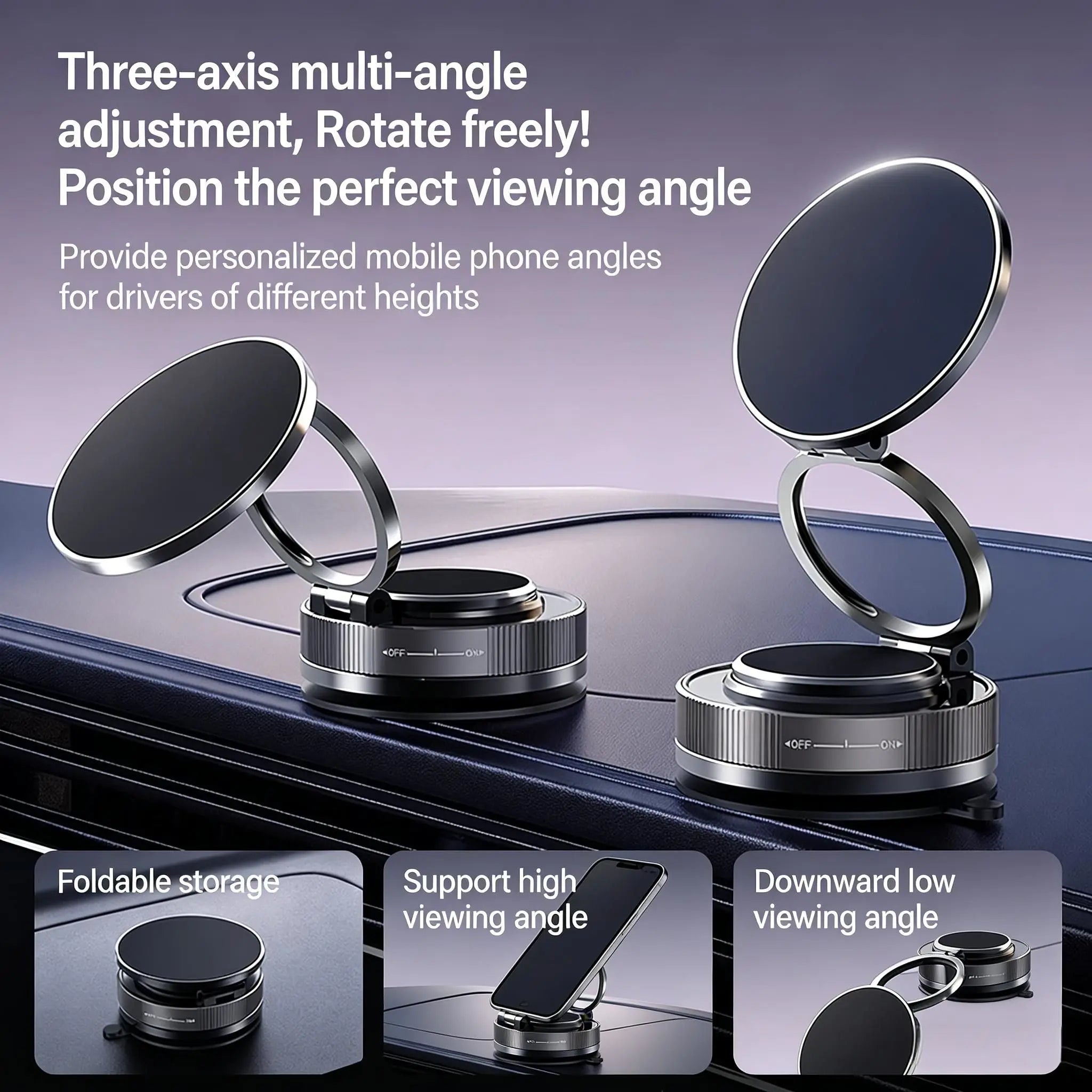 Foldable, metallic grey magnetic car phone mount with adjustable three-axis ring design for multiple viewing angles.