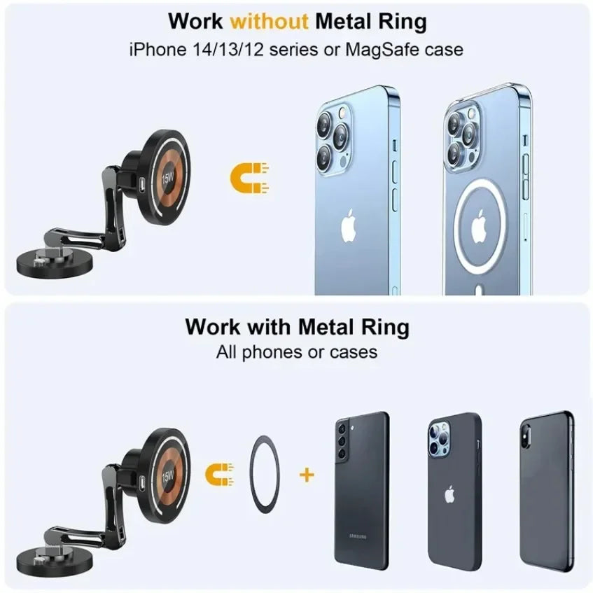 Black magnetic phone mount with adjustable arm, showing compatibility with magnetic and standard phones using a metal ring.