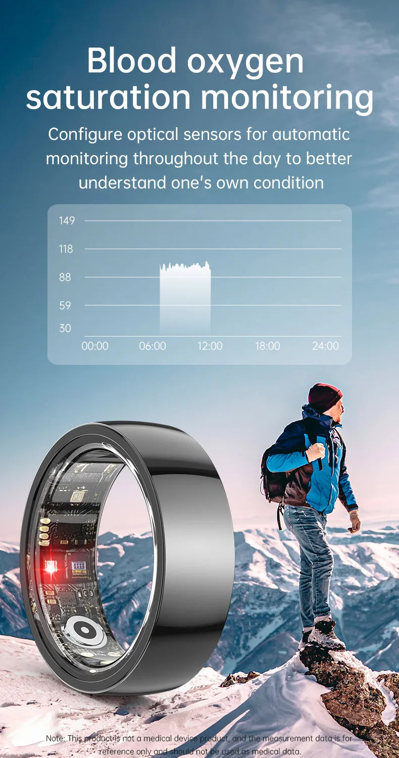 Sleek black smart fitness ring showing interior health sensors against a mountain backdrop with a blood oxygen graph.