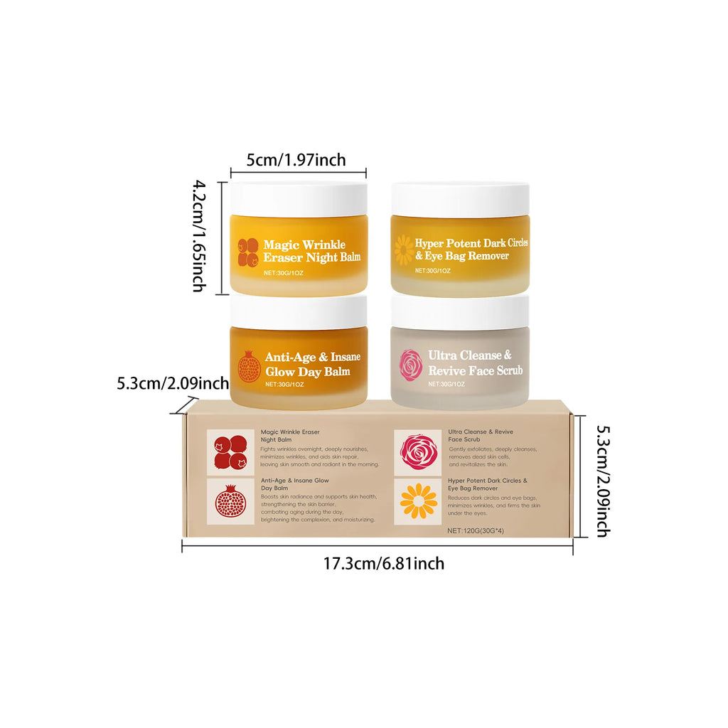 Four skincare jars in a box, including night and day balms, eye cream, and face scrub, with dimensions indicated.